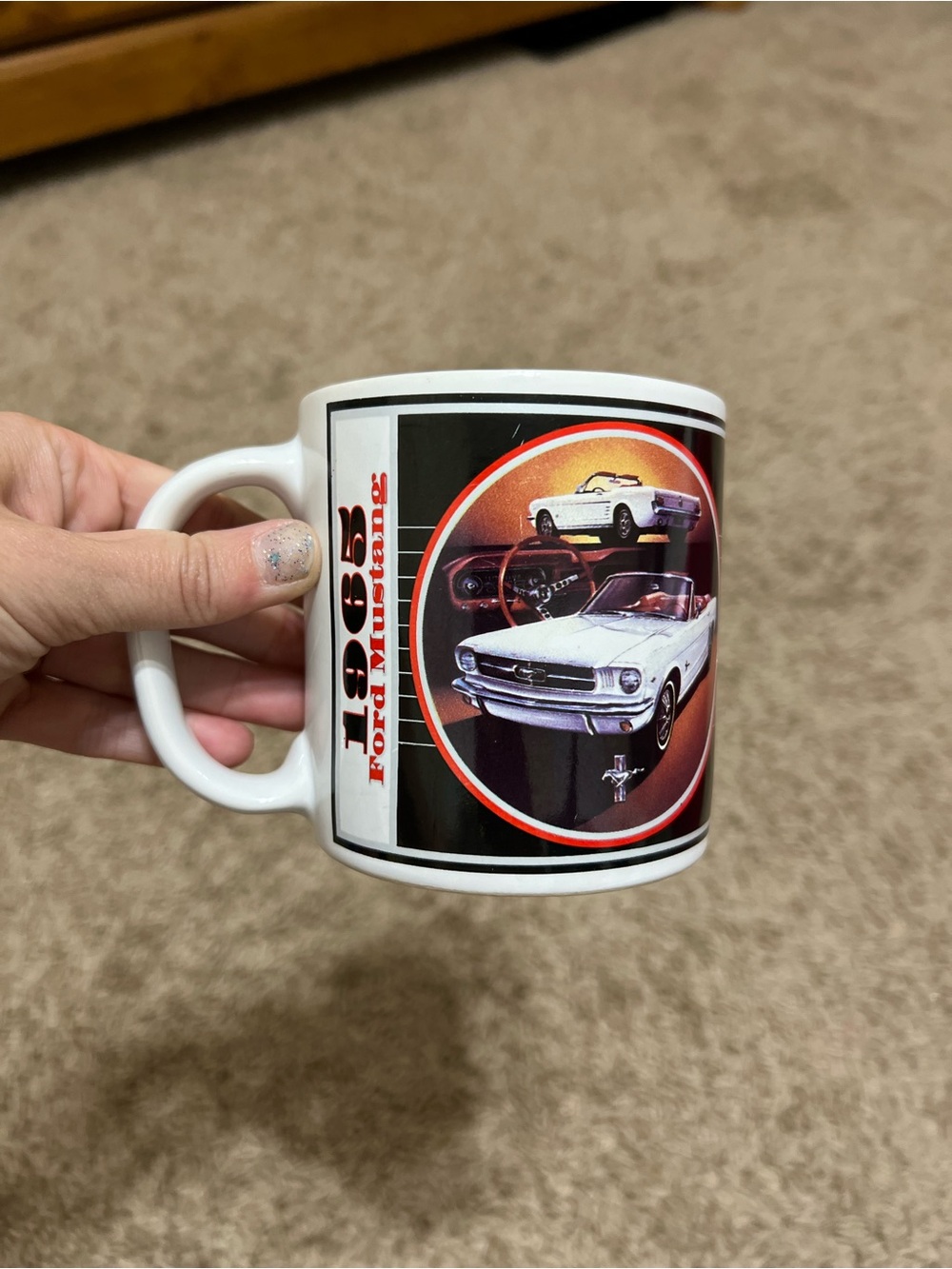 Ford White and Black 1965 Mustang Graphic Ceramic Mug with Red Accents